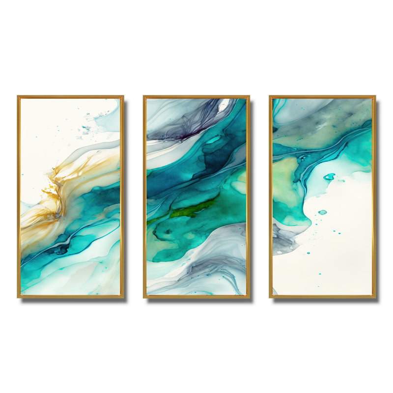 «Tropical Turquoise Joyfulness VI», reproduction sur toile 3 pièces, H 28 po x l 36 po x P 1 po, Toile avec cadre doré