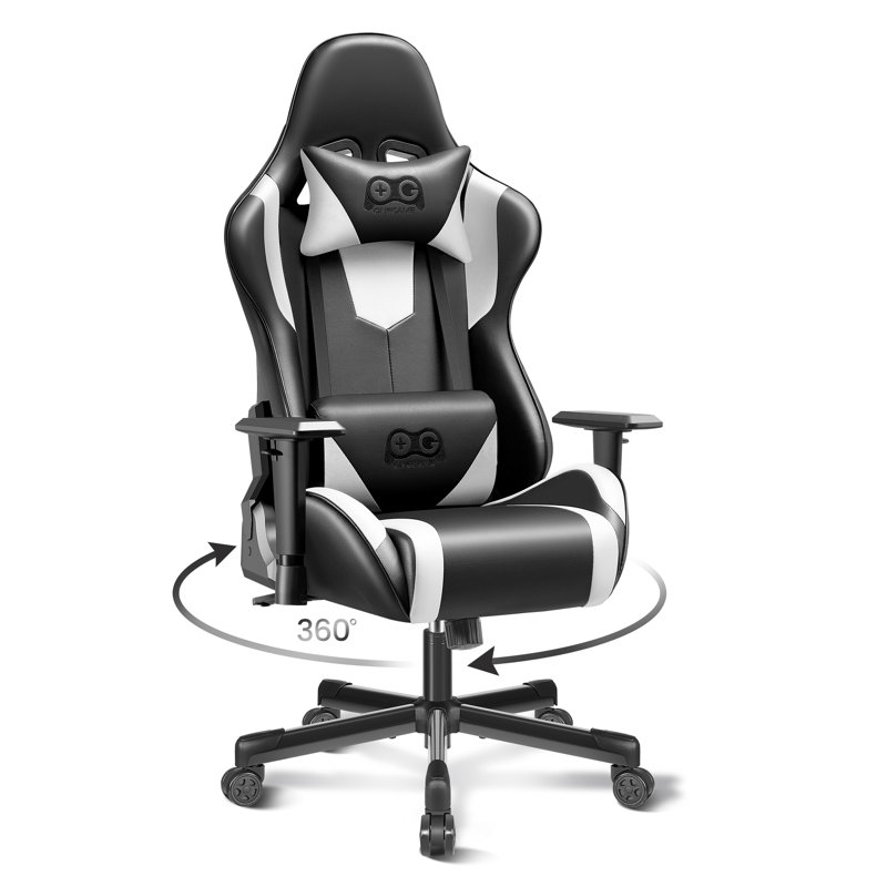 White and Black PU Leather Ergonomic Gaming Chair with Lumbar Support