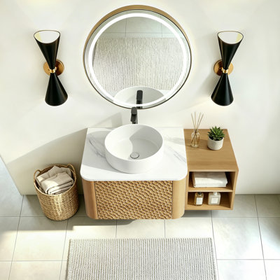 Ensemble de meuble-lavabo mural, lavabo de salle de bain flottant avec lavabo rond en céramique et armoire d'appoint, ensemble de meuble-lavabo texturé en nid d'abeille pour petit espace, peu encombrant