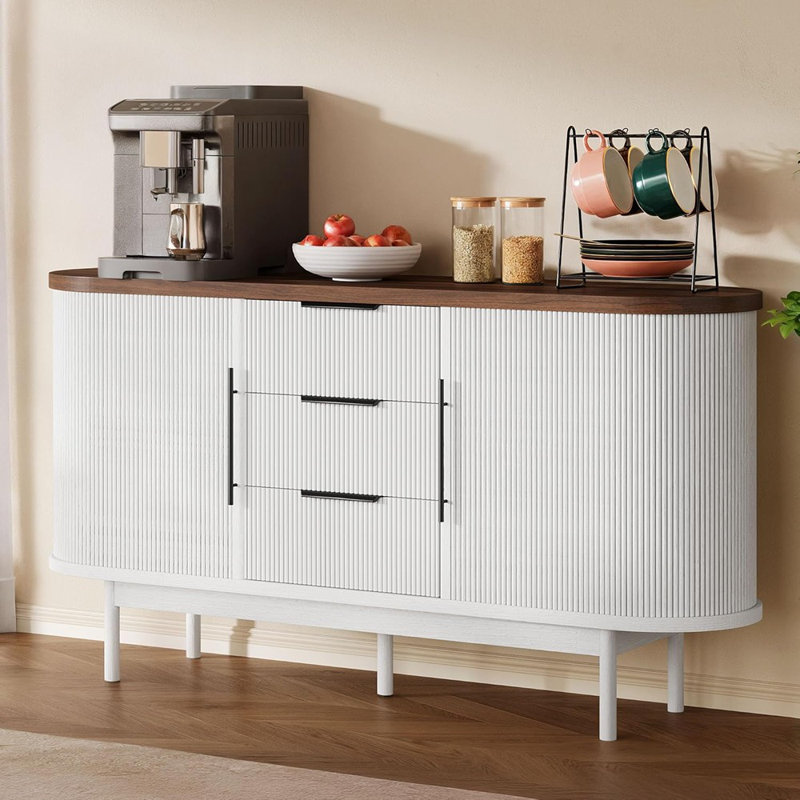 Fluted Sideboard Buffet Cabinet With Storage – 55" Curvy Edge Console With 3 Drawers, Sliding Door & Adjustable Shelf, White & Brown