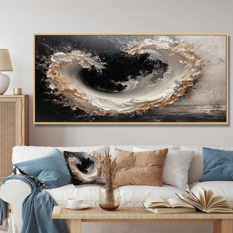 Encre spirale cosmique de rêve I - art mural transitionnel, H 28 po x l 60 po, Cadre flottant, Brun