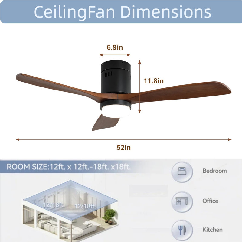 52" Solid Wood 3-Blade Low Profile Ceiling Fan With Integrated LED Light, DC Motor, Smart Remote Control & Reversible Airflow