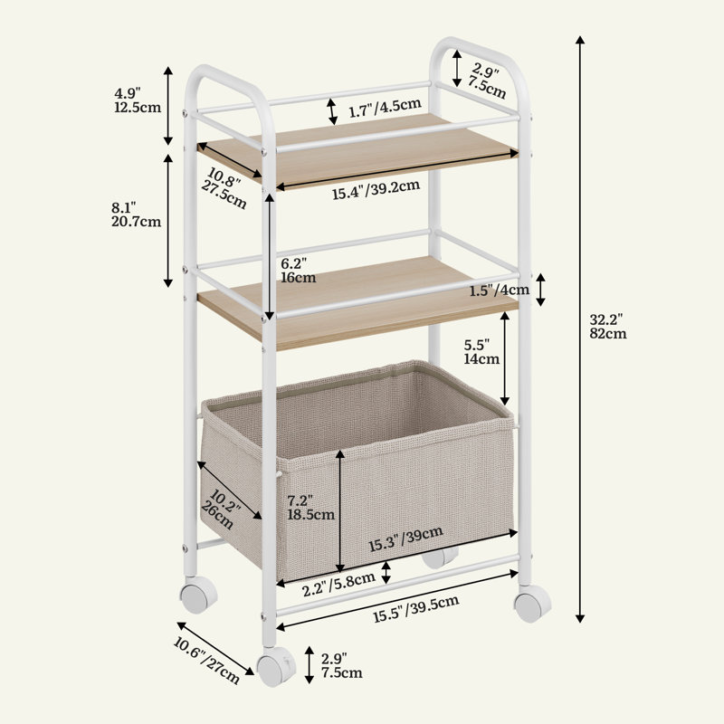 82cm H x 43cm W 0 Utility Cart with Wheels, Natural, White