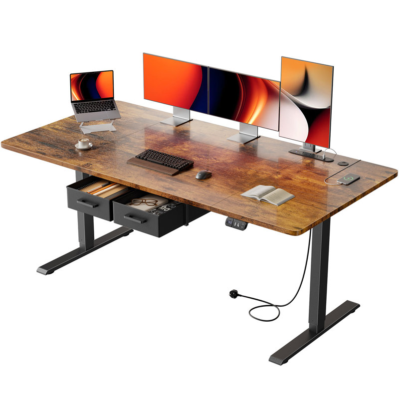 Adjustable Metal Base Standing Desk with Power Outlet, Brown/Black, 160cm W x 80cm D