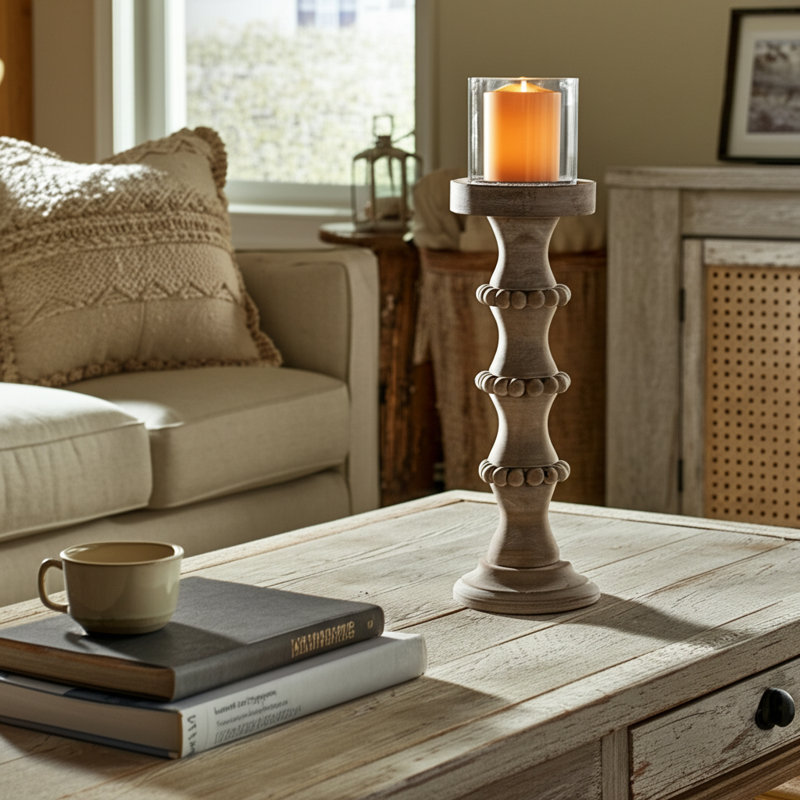 Handmade Rustic Solid Wood Tabletop Candlestick, 13" H x 5" W x 5" D, Ivory/Beige