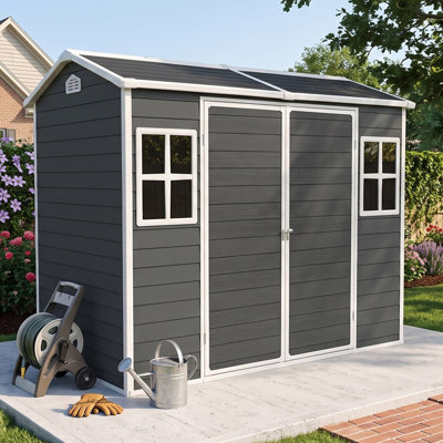 Remise en résine 8 pi x 4 pi Jaxenor avec plancher inclus, remise extérieure avec 2 fenêtres et porte verrouillable pour la cour arrière, outils de jardin, vélo