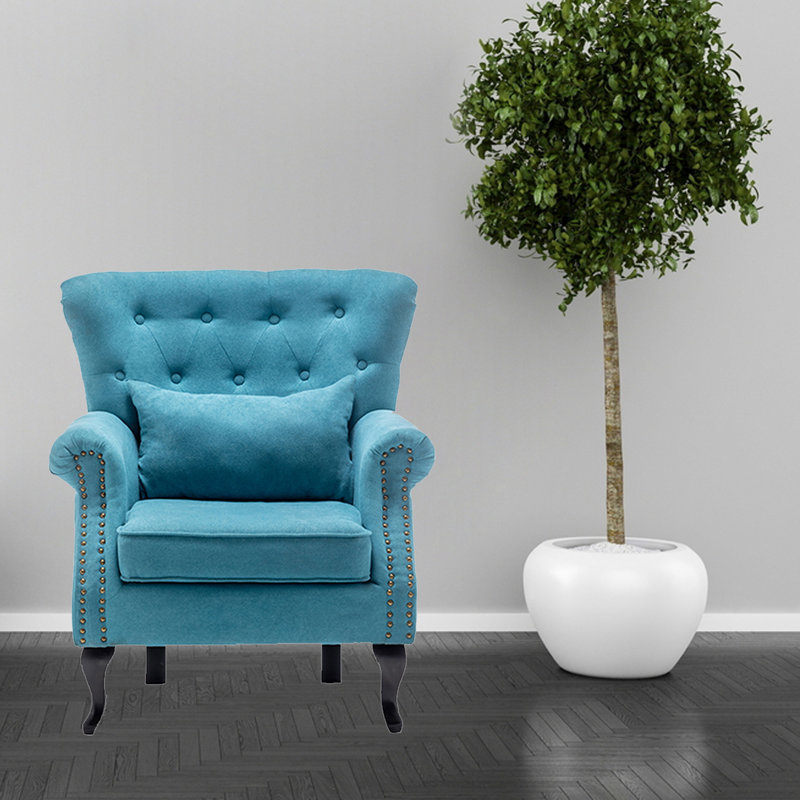 Fauteuil à oreilles touffeté, Mélange de lin bleu