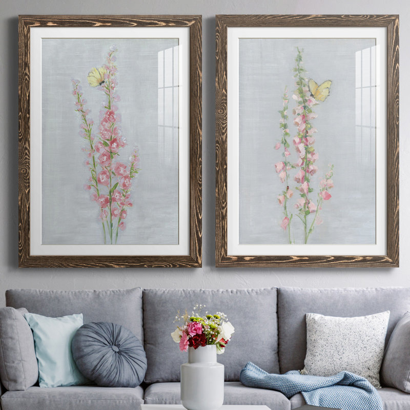 Foxglove Garden I - ensemble de 2 reproductions, H 37,5 po x l 55 po x P 1,5 po, Papier, cadre noyer, Blanc