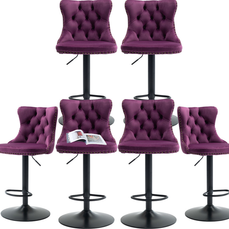 Modern Upholstered Black Swivel Velvet Bar Stools (Set of 4), Purple, 6