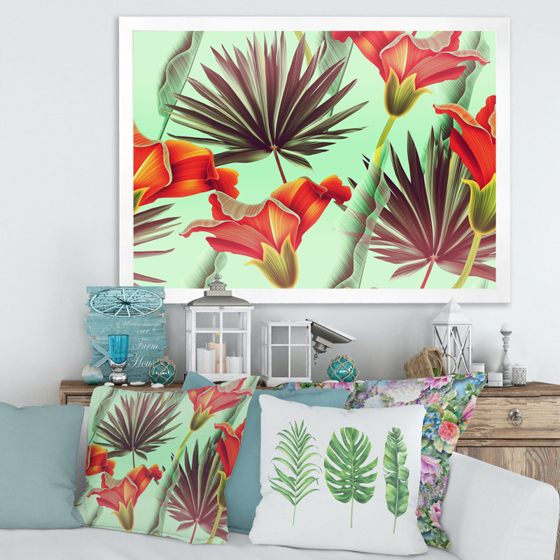 Fleurs tropicales rétro - impression sur toile, H 12 po x l 20 po x p 1 po, Cadre photo blanc