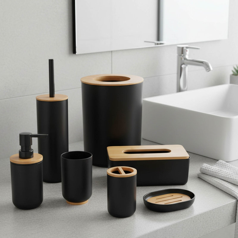 PADANG Soap Dish Cup Dispenser with Bamboo Tray, Black/Brown