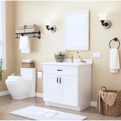 White Shaker Wood Cabinet With Soft - Close Hinges, 1 Shelf For Laundry, Bathroom, Kitchen, Easy Assembly  27 Wx34.5 Hx24 D Solid Base Cabinet, Interior Shelf, Laundry Storage, Bathroom Garage To