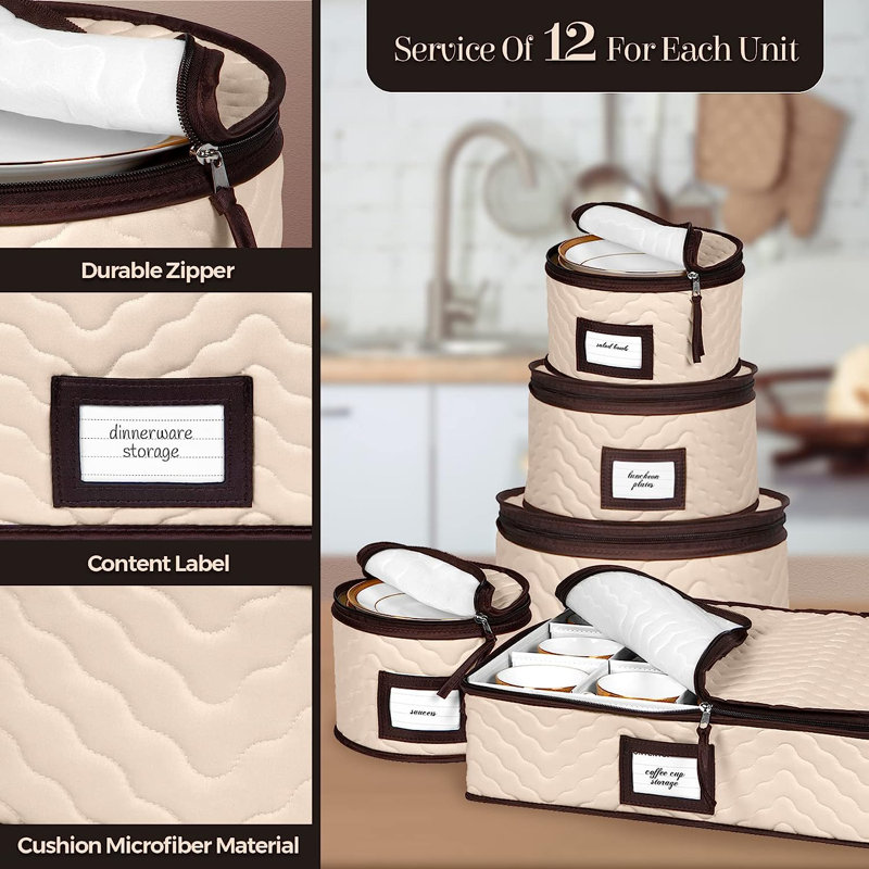 Beige Quilted Microfiber 5-Piece China Storage Set with Dividers