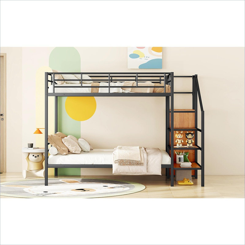 Small Bedroom Full Over Full Iron Bunk Bed Frame Contemporary Design Matte Black With Integrated Storage