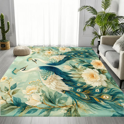 Tapis floral rétro de style paon rétro, élégant motif rétro de fleurs d'oiseaux, tapis antidérapant durable, doux et lavable à la machine, décoration intérieure chic pour le salon, la chambre à coucher, le vestibule, la cuisine, le balcon et l'appartement
