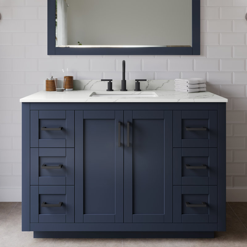 Ensemble de meuble-lavabo simple autoportant 48 po avec plateau en quartz Miranda, Bleu très foncé, Quartz Giotto, Noir mat