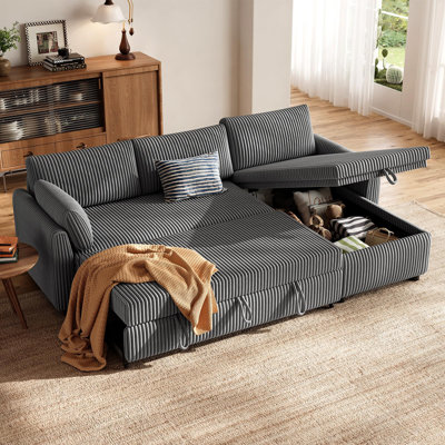 4 Seater Corduroy Sofa Bed,Corner Sofa Bed, Corduroy L Shaped Sofa, Convertible Pull Out Sectional Couch Bed with Storage, Reversible Chaise for Left or Right, Ideal for Lounge