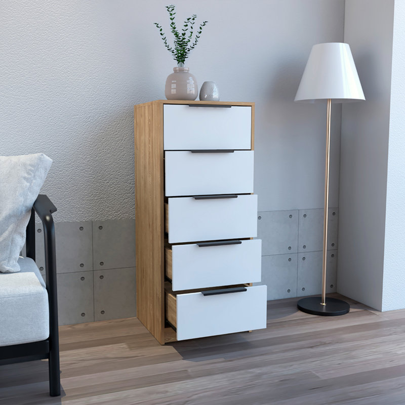 Commode verticale H 42 po, 5 tiroirs, commode verticale / chêne clair, Brun / Blanc
