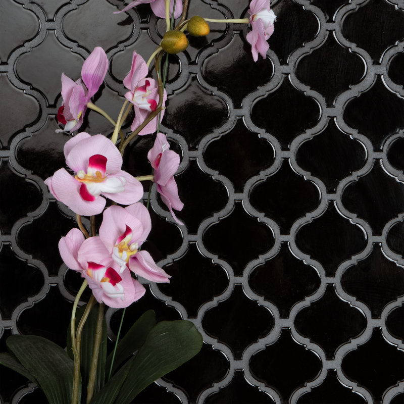 Metro Lantern Glossy Black 9-1/2" x 10-3/4" Porcelain Mosaic Floor and Wall Tile