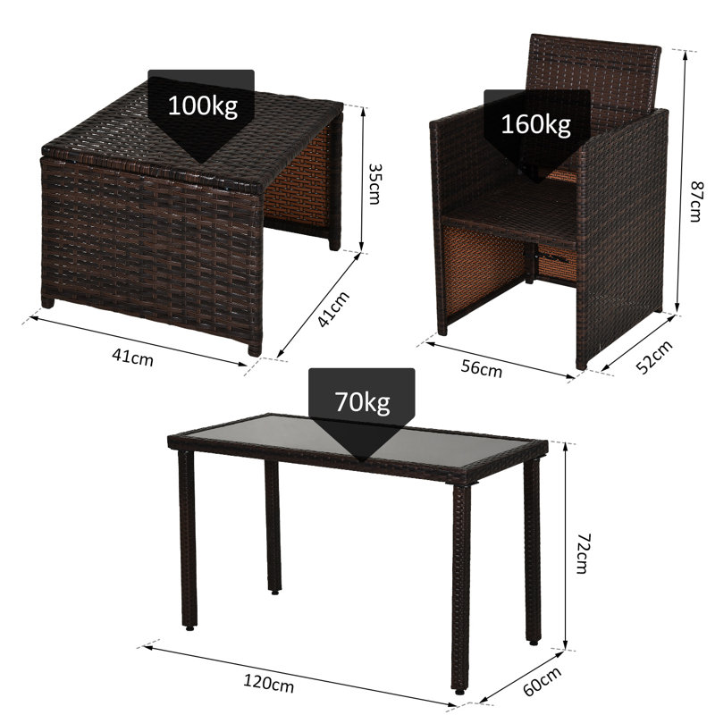 Aarolyn 2 Seater Rattan Cube Garden Furniture Set, Rattan Dining Set with Cushions, Brown