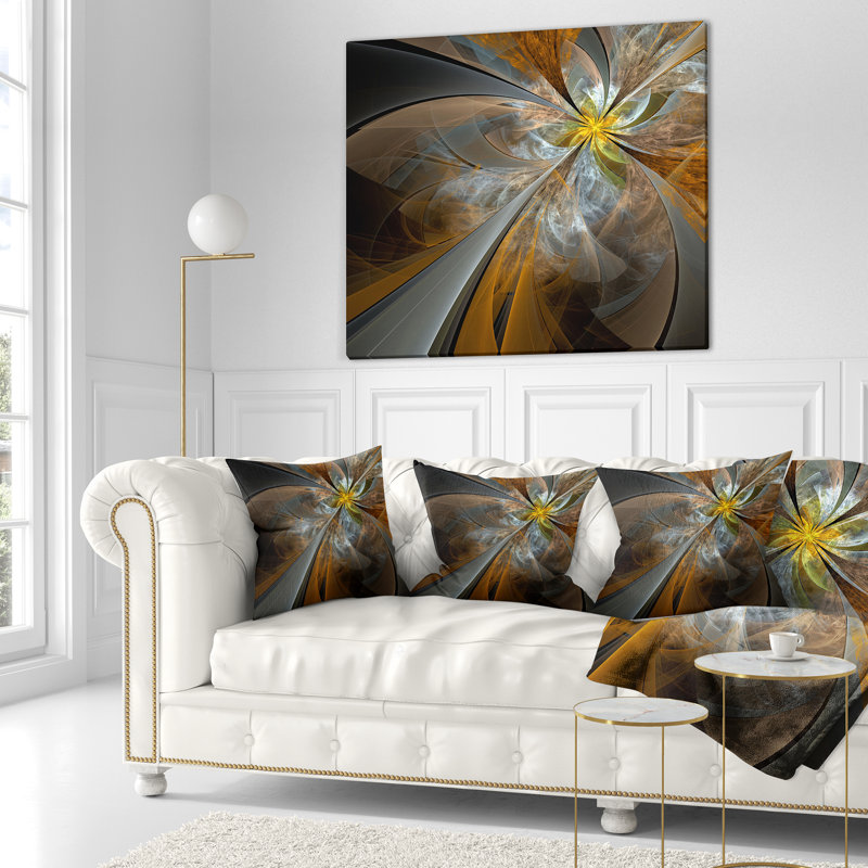 Symétrique fleur jaune fractal - coussin imprimé floral, 16 po x 1 po, Coussin décoratif