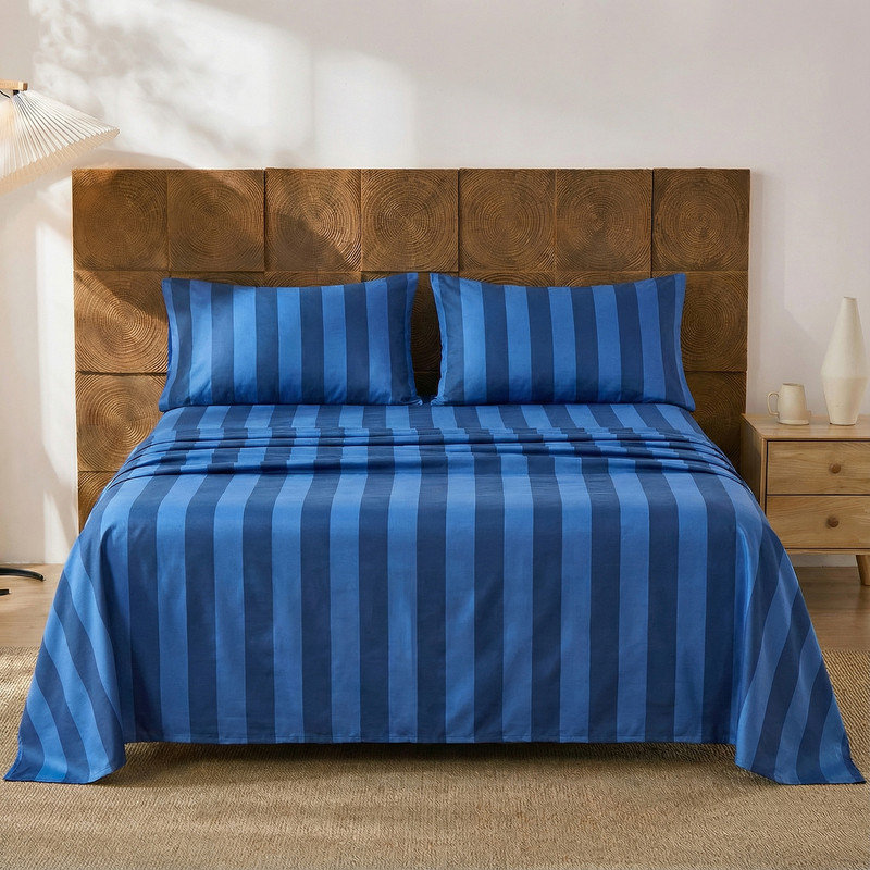 100% Cotton Sheet Set Full Size - Blue and Navy Stripes Bedding, Soft Breathable Percale Weave, Wide Stripe Deep Pocket Sheet 17.5", Luxury Linen Like, 4-Piece All Season Bedding