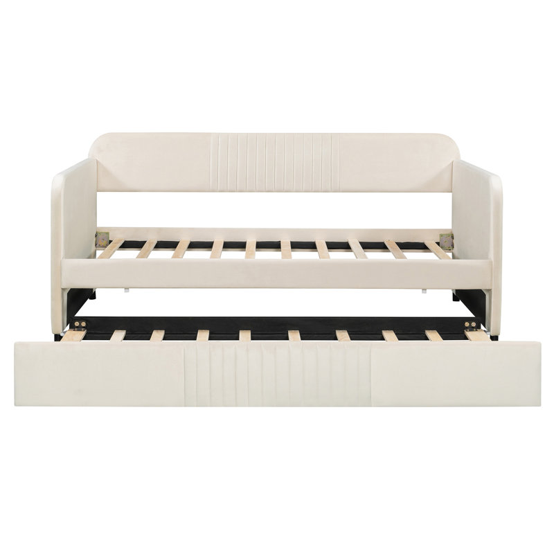 Upholstered Daybed Sofa Bed Twin Size With Trundle Bed And Wood Slat ,Beige, Beige