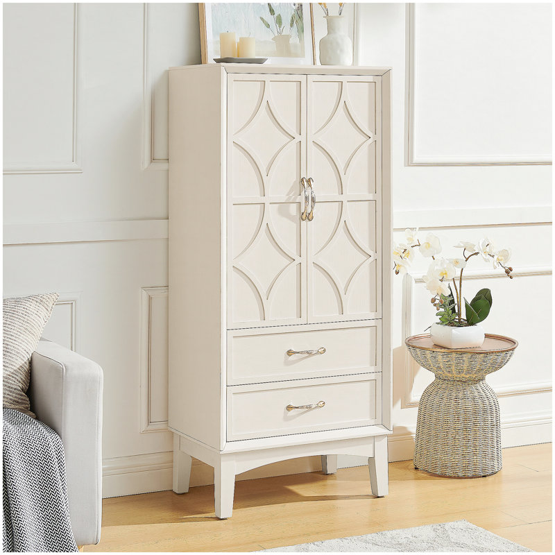 Mid Century Modern Tall Storage Cabinet with Adjustable Shelves and Drawers, Antique White