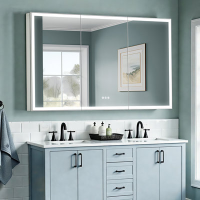 Tempered-Mirror Medicine Cabinet with Lights, Modern Edge-Lit Strip, Plug-in/Hardwired, Anti-Fog/3 Colors/Dimmable, Outlets&USBs, ETL Listed, Surface Mount/Recessed