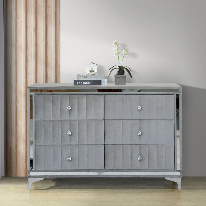 Scher Velvet 6 Drawer Dresser Fully Assembled with Gold Legs and Trim, Gray