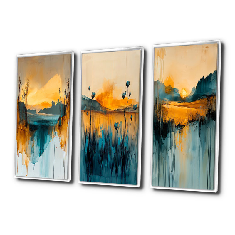 «Orange Twilight Calm Meadow I», collection d'art mural Green Meadow, 3 panneaux, H 28 po x l 36 po, Blanc