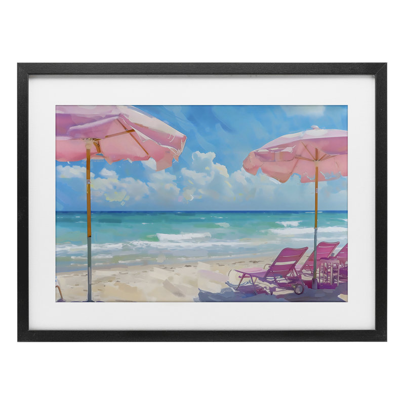 «Pink Paradise Beach Umbrellas», reproduction sous verre encadrée, design par LSR Design Studio, H 17 po x l 23 po
