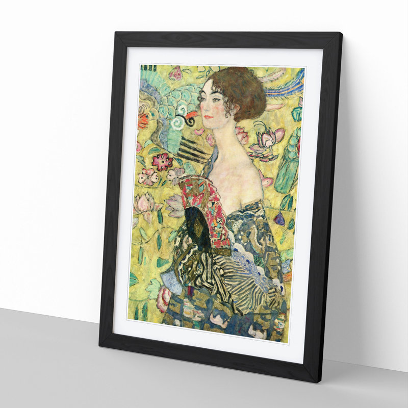 Lady with a Fan by Gustav Klimt - Picture Frame Painting, 36cm H x 27cm W x 2cm D, Black Framed