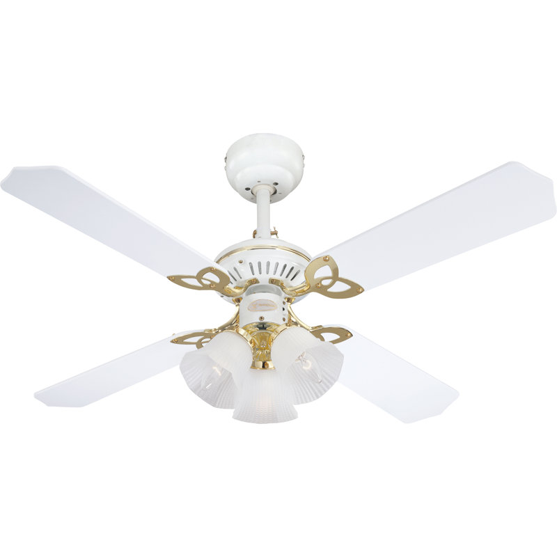 Gemmenne 105cm Ceiling Fan with Light Kit, White and Polished Brass / White Cane or White