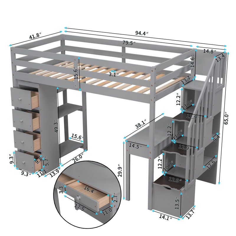Lit mezzanine simple avec tiroirs Jalayshia Kids, Gris