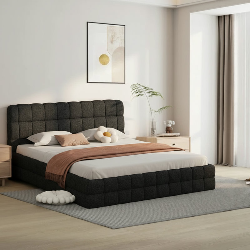 Élégant lit plateforme tapissier avec tête de lit tapissier et structure solide, Noir, Très grand