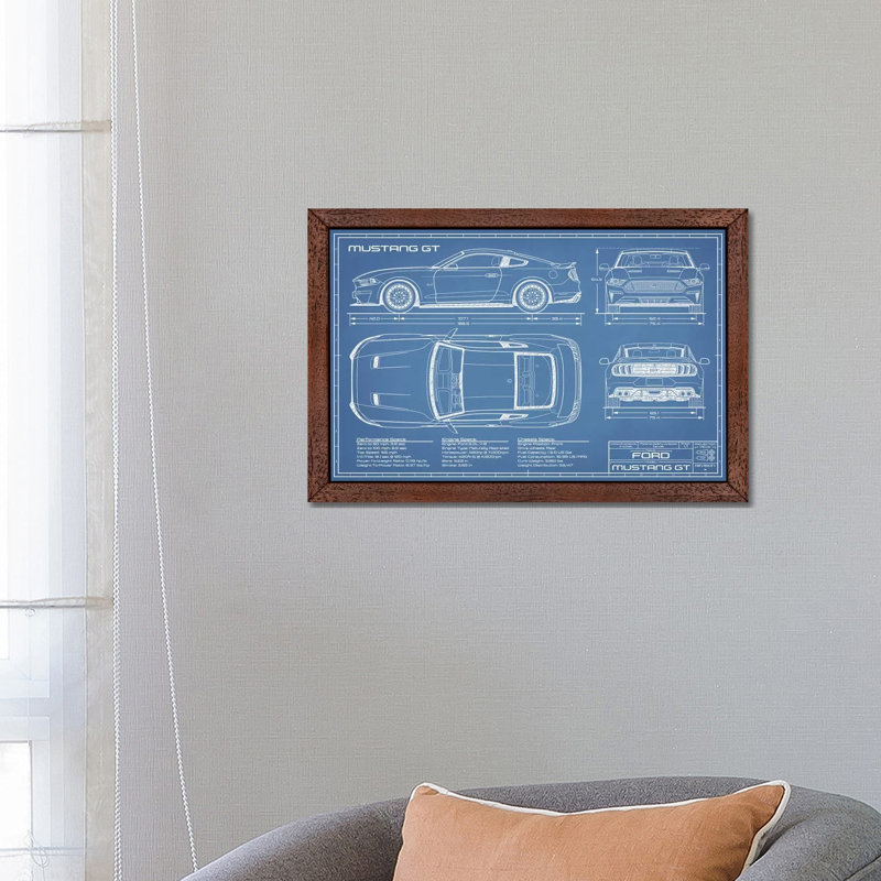 Mustang GT (2018-2020) Blueprint by Action Blueprints - Floater Frame Print on Canvas, 152.5 cm H x 101.5 cm W, Brown Framed