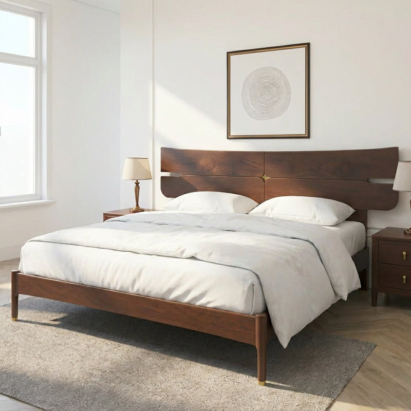 Gaythel Platform Bed Frame with Headboard, Acacia Solid Wood, Mid Century Modern Design Panel Headboard, 1200lbs Capacity, 15 Year Warranty