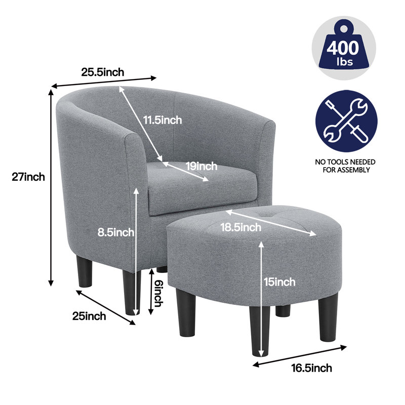Grey Barrel Accent Chair With Ottoman Set — Modern Fabric Upholstered Barrel Armchair & Matching Ottoman, U-Shaped Back Reading Chair With Thick Cushioned Seat, Solid Wood Frame, Compact Living Room Accent Seat, Easy Assembly