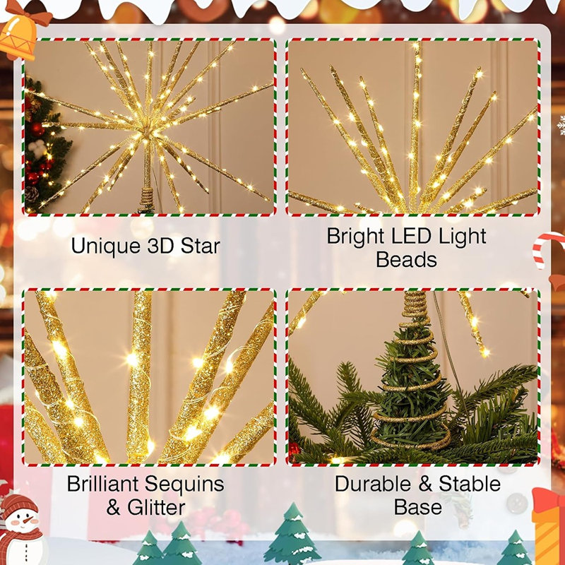 Lighted Starburst Christmas Tree Topper, Gold Moravian Star with 150 LED Lights, Remote, Timer and 8 Light Modes
