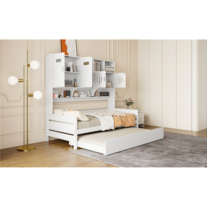 Daybed With Storage Bookcase, Cabinet And Trundle, Twin, White