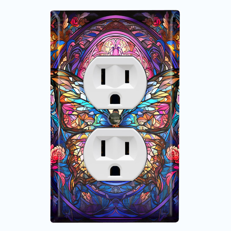 Metal Light Switch Plate Outlet Cover (Colorful Butterfly Flowers Purple - Single Duplex)