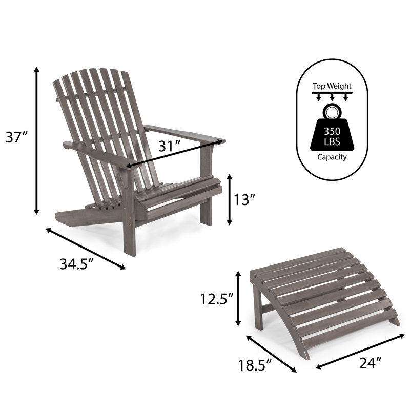 Saranac Classic Solid Acacia Wood Adirondack Chair with Matching Ottoman, Gray Wash Finish Outdoor Patio Lounge Seating for Garden and Fire Pit