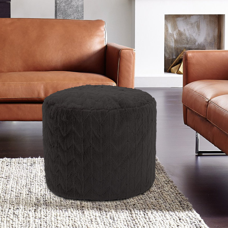 Upholstered Pouf, Angora Ebony Polyester