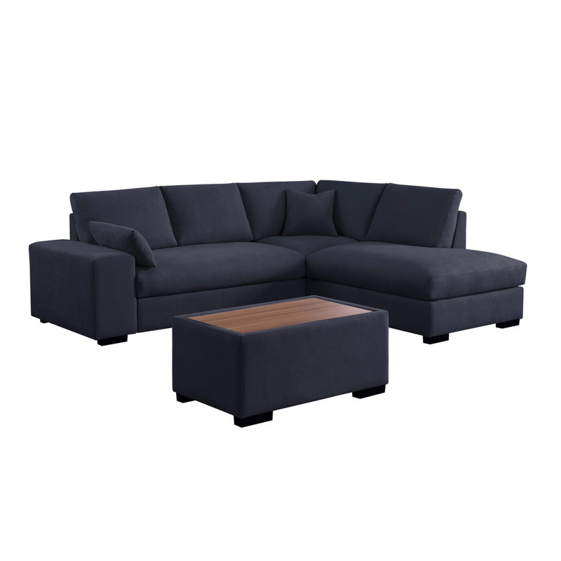Woven Fabric Sectional Sofa With Right Facing Chaise And Console Ottoman, Dark Gray