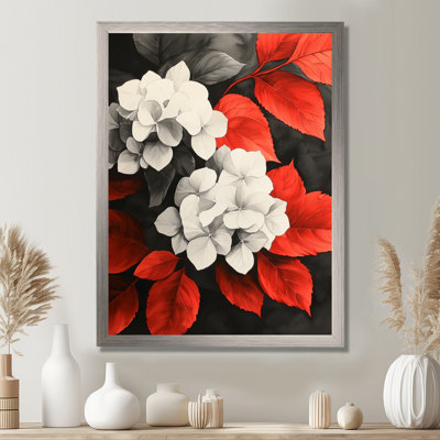 Hortensias monochromes avec feuilles rouges III - impressions sur toile florales