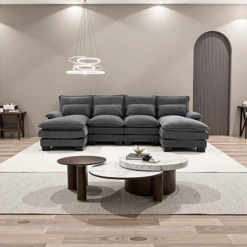 U-Shaped Cloud Sectional Sofa with Double Chaise, Chenille Fabric 8-Pillow Sofa, Gray Chenille