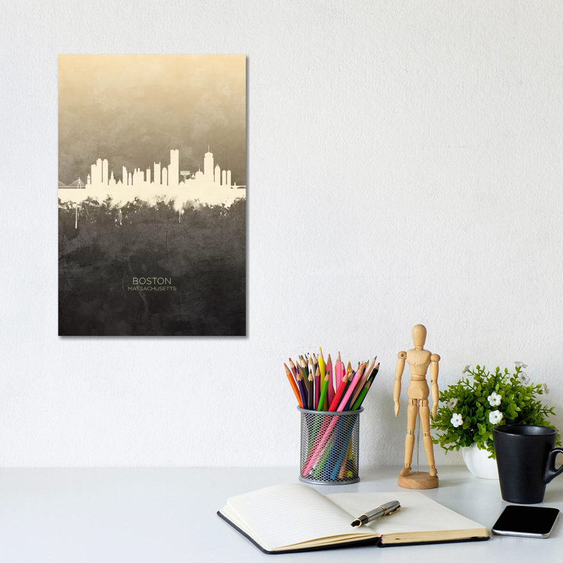 Boston Massachusetts Skyline Taupe by Michael Tompsett - Wrapped Canvas Print, 20.32 cm H x 30.48 cm W