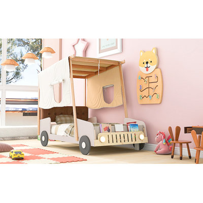 Wood  Car Bed With Pillow, Ceiling Cloth And LED
