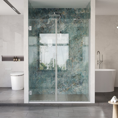 Porte de douche à charnière sans cadre de 53 à 54 po x H 72 po avec verre trempé clair de 3/8 po de couleur GSC, chrome